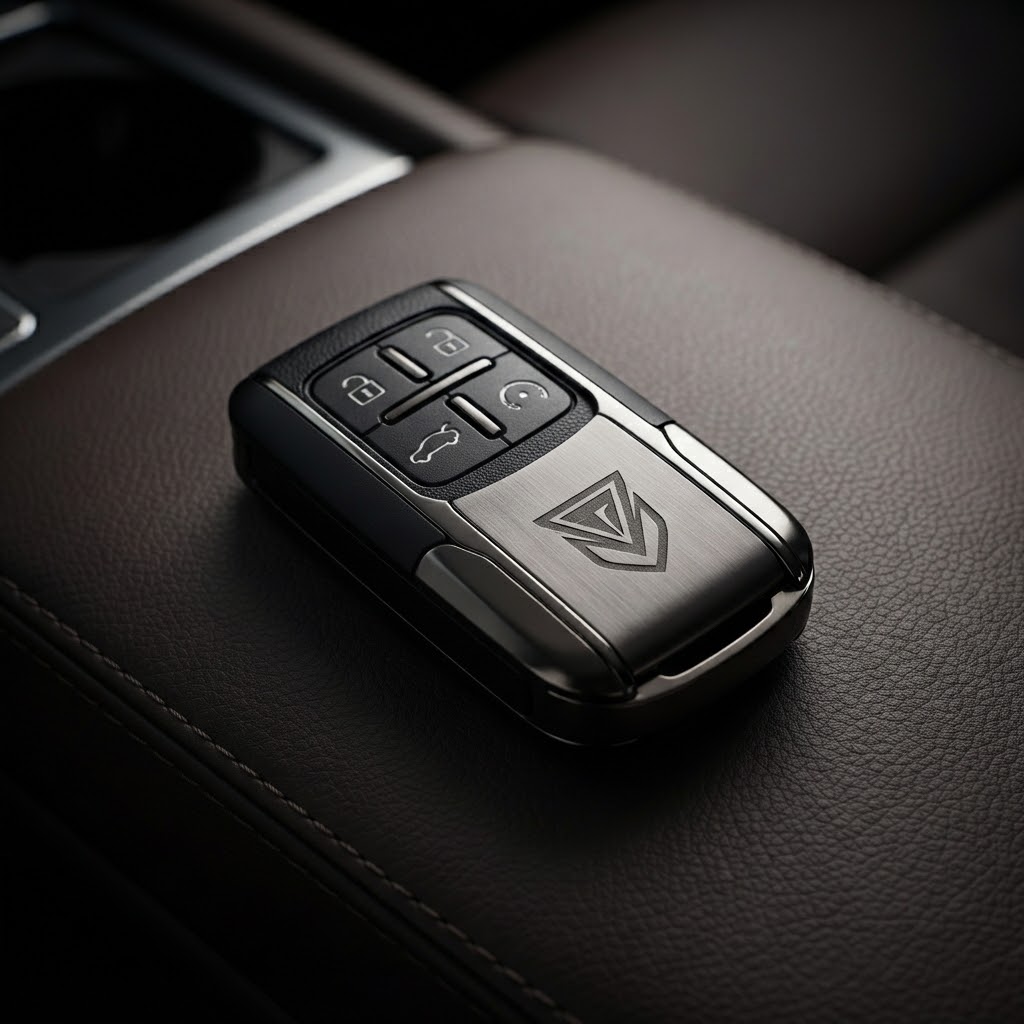 AI-generated logo engraved on a premium car key fob