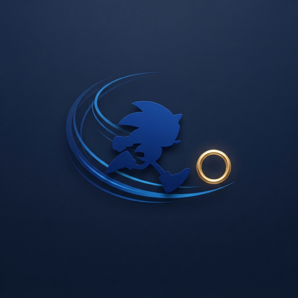 Minimal Sonic silhouette with blue speed lines and a golden ring