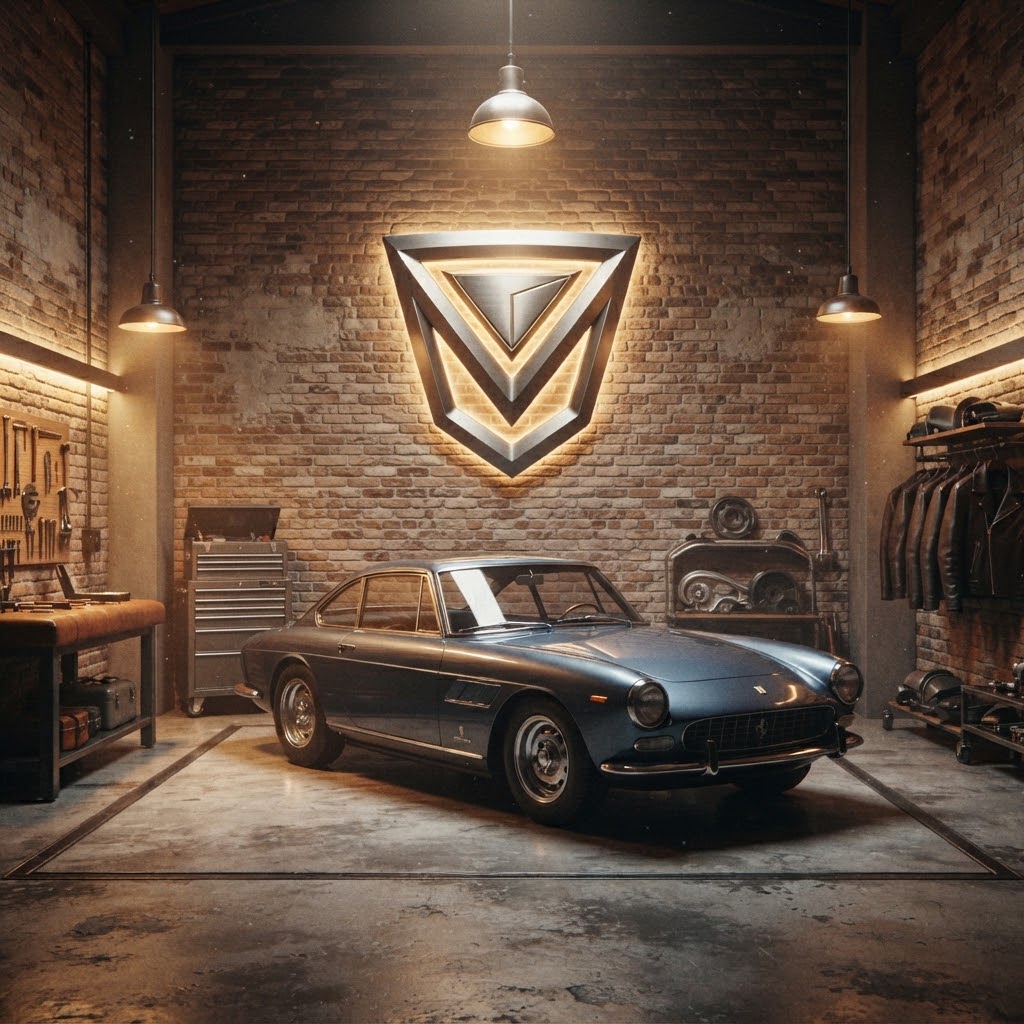 AI-generated car logo on a vintage garage wall