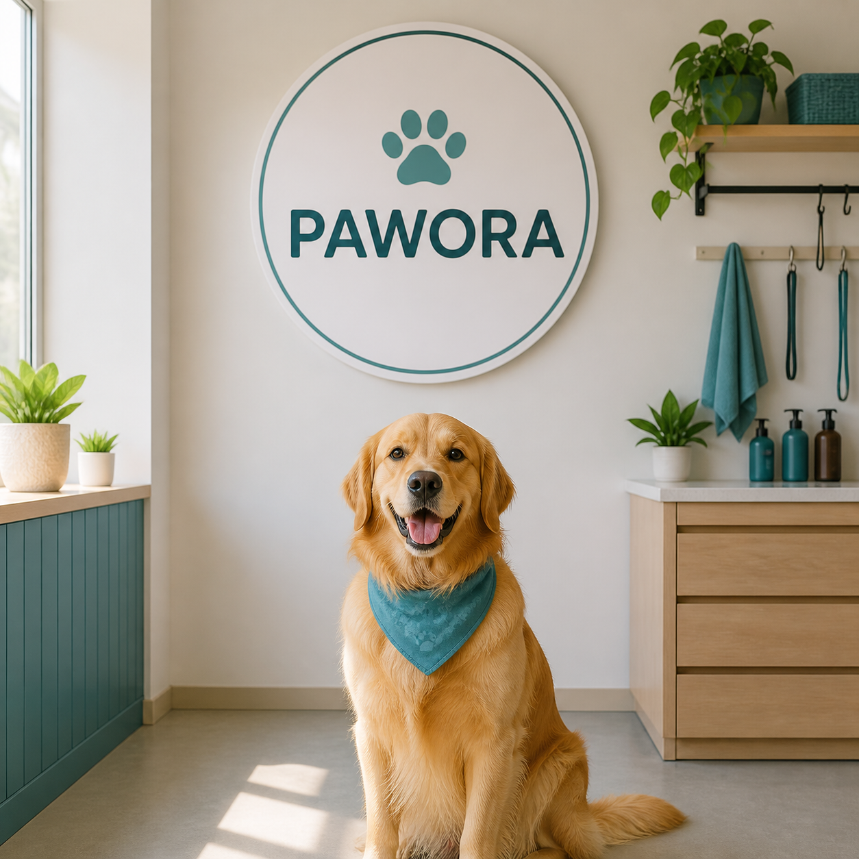 AI-generated pet care business name PAWORA displayed inside a modern dog grooming studio
