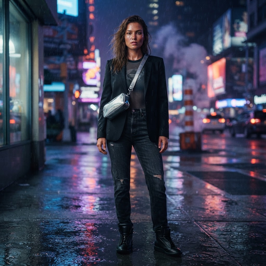Realistic urban portrait with neon lights and rain