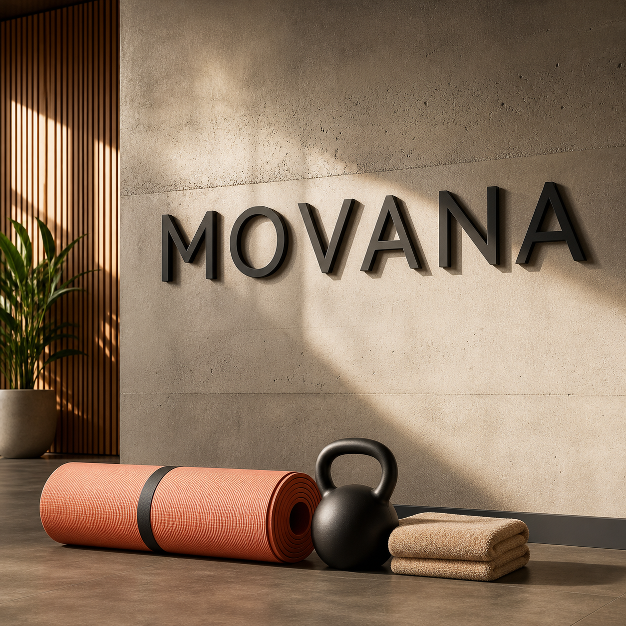 AI-generated fitness business name MOVANA shown on a premium gym studio wall