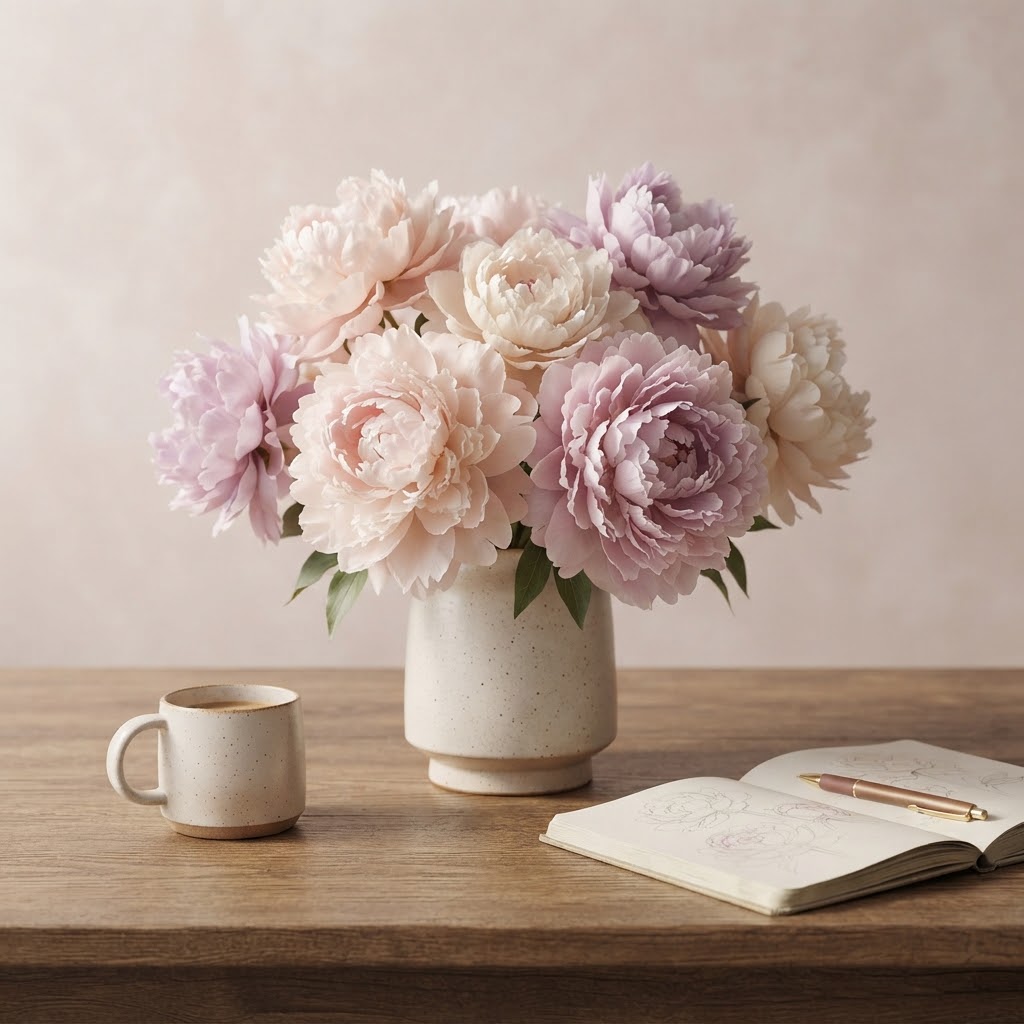 Realistic floral still life with soft pastel tones