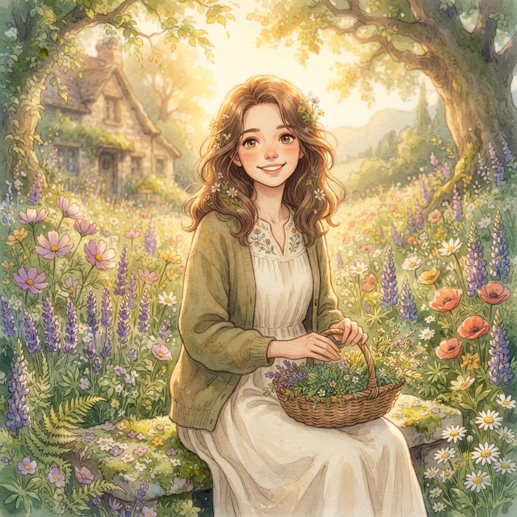 Smiling woman transformed into a hand-drawn animated garden portrait