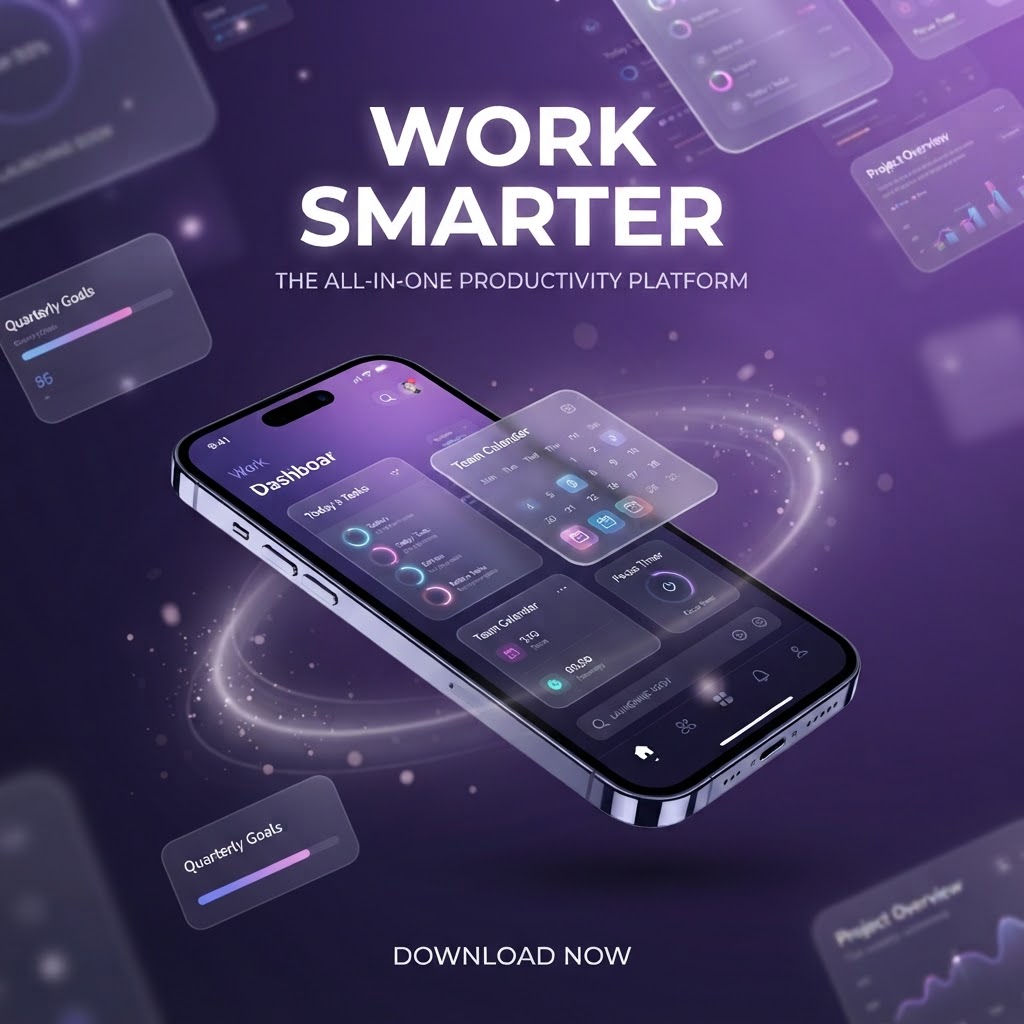 Productivity app launch graphic with Work Smarter text