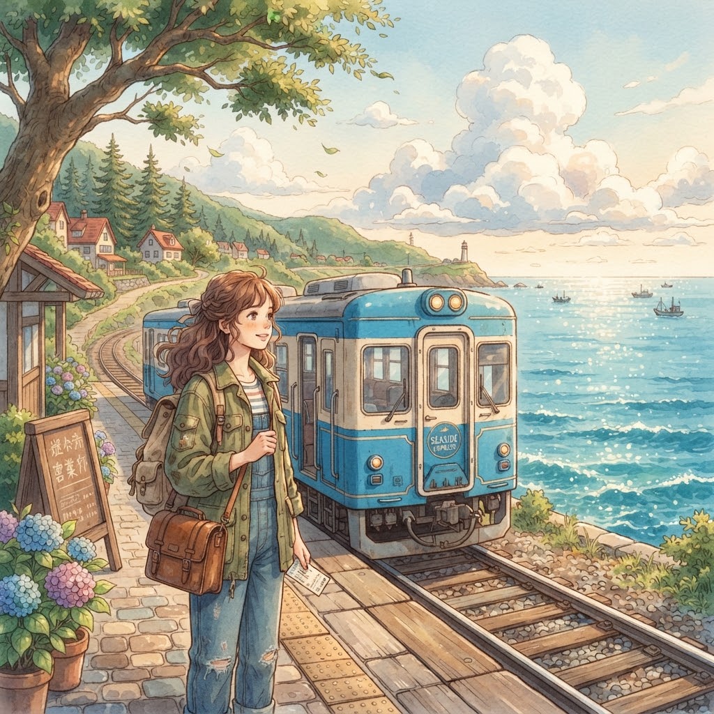 Traveler beside a seaside train in a nostalgic animated landscape
