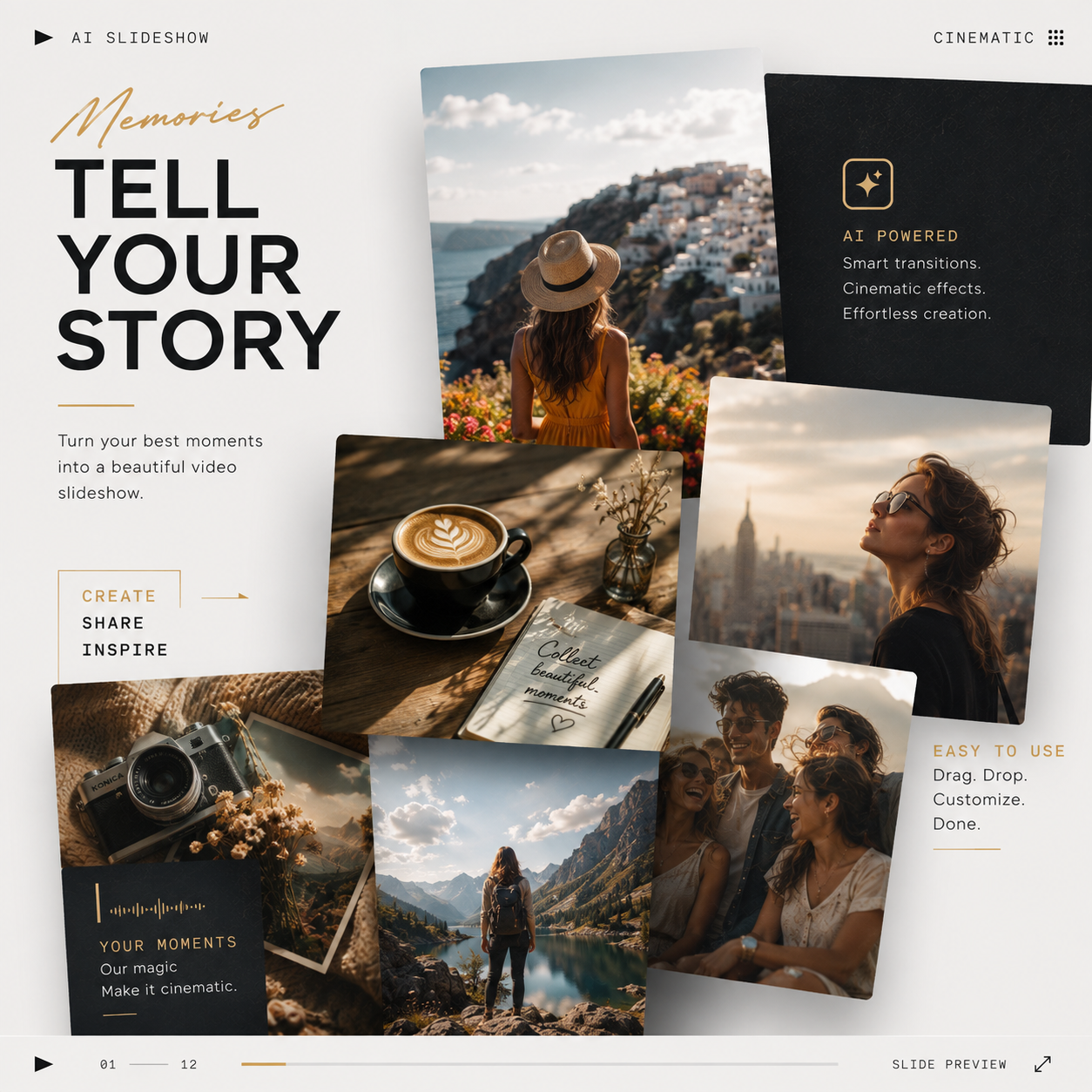 AI photo slideshow with animated collage layout and modern transitions