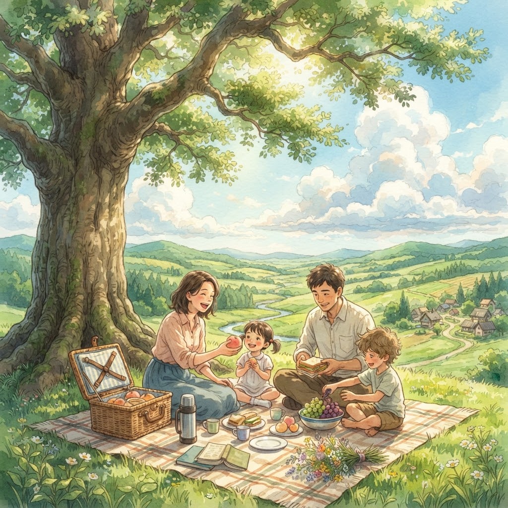 Family picnic transformed into a warm hand-painted animated scene