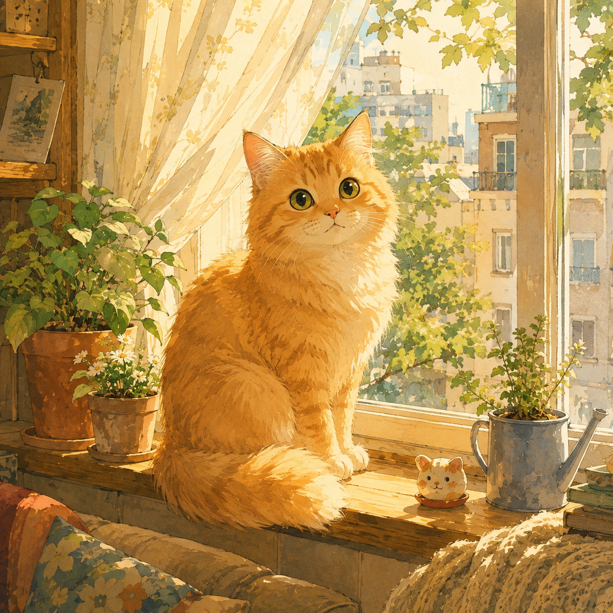 Orange cat by a sunny window in a cozy animated home