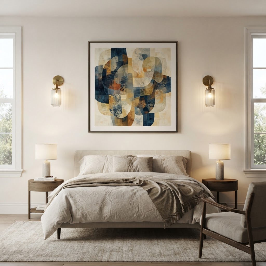 AI interior replacement adding artwork and lighting to a bedroom wall