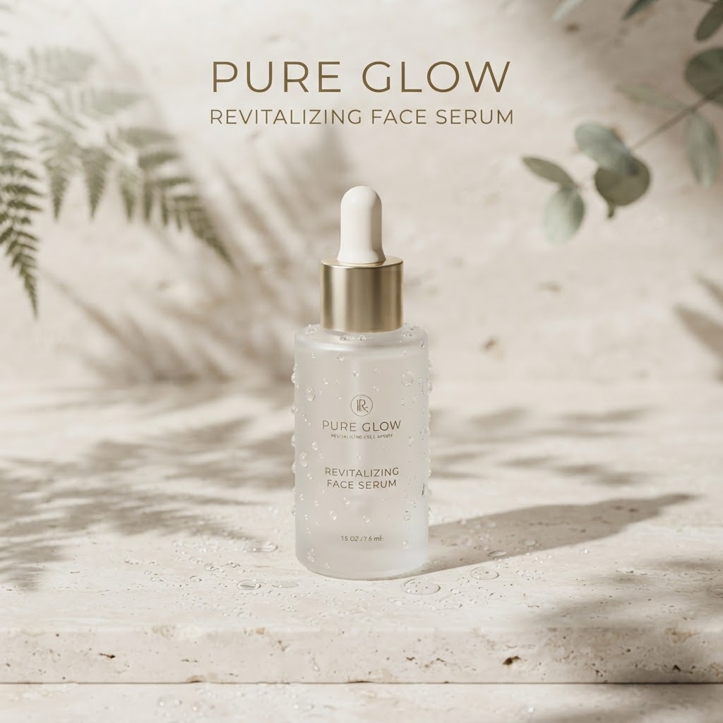 Luxury skincare serum advertisement with Pure Glow text