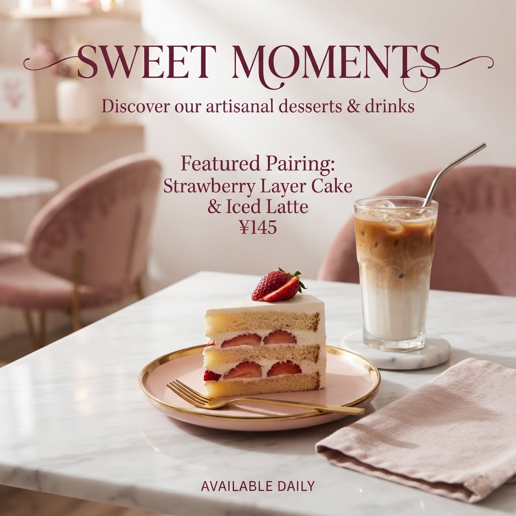 Strawberry dessert advertisement with Sweet Moments text