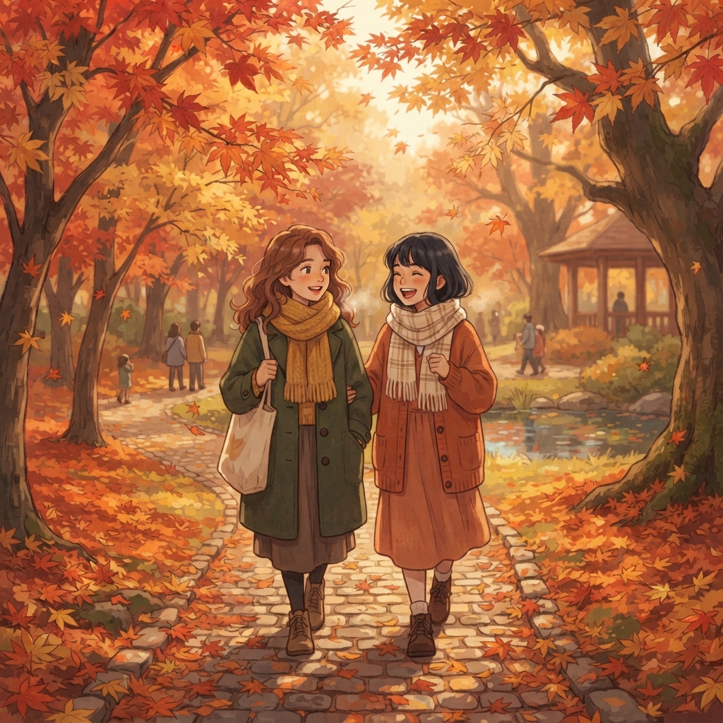 Two friends walking through an autumn park in animated style