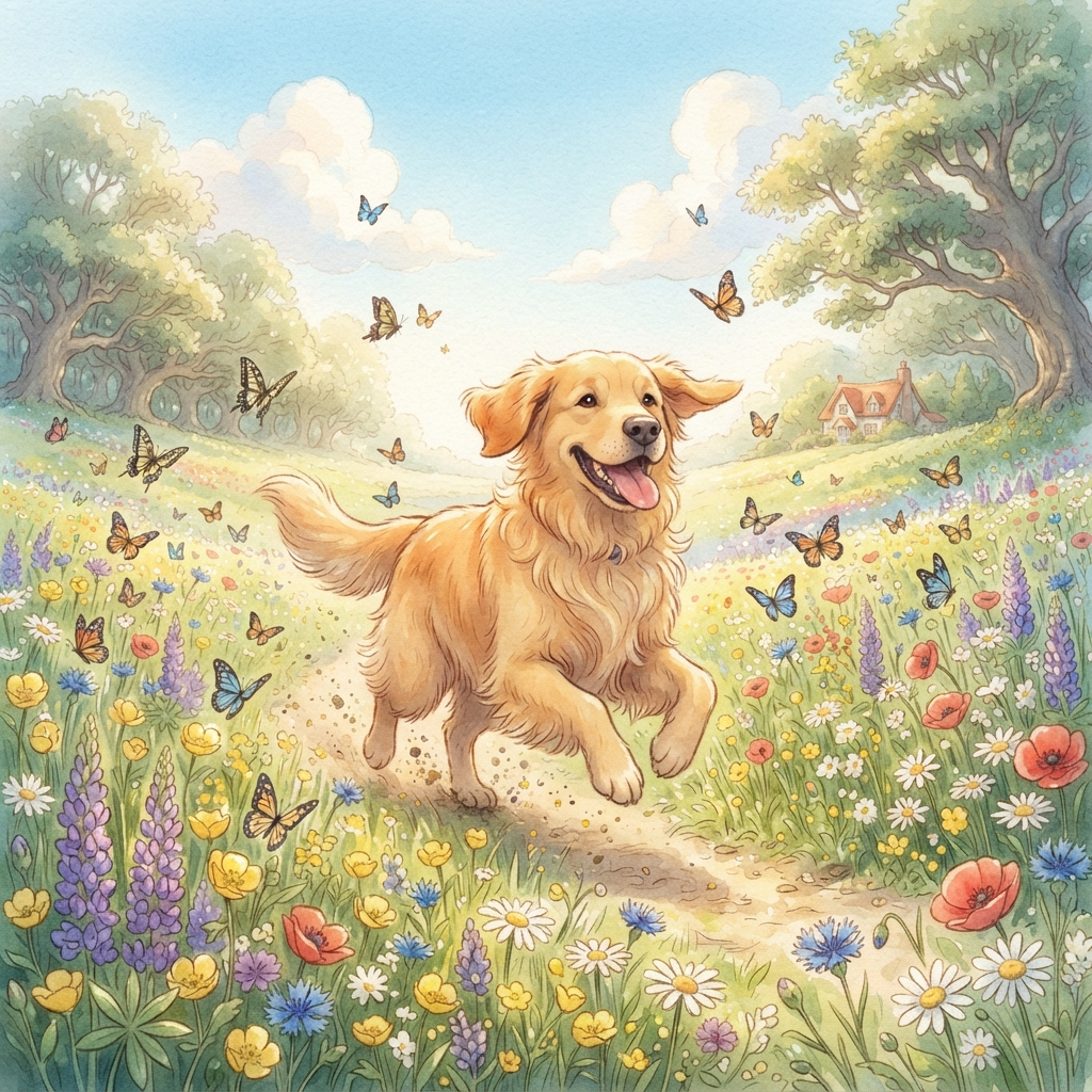 Golden retriever running through a sunny animated flower meadow