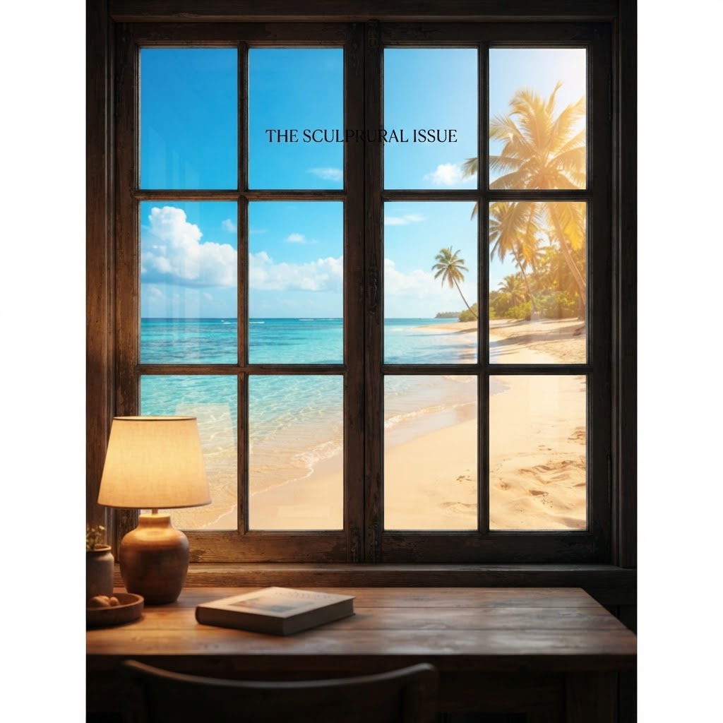 AI view replacement changing a rainy city window into a tropical beach
