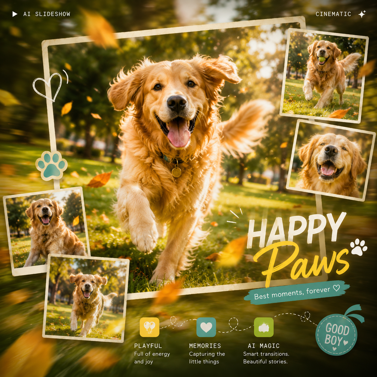 AI pet photo slideshow with playful motion and animated outdoor effects
