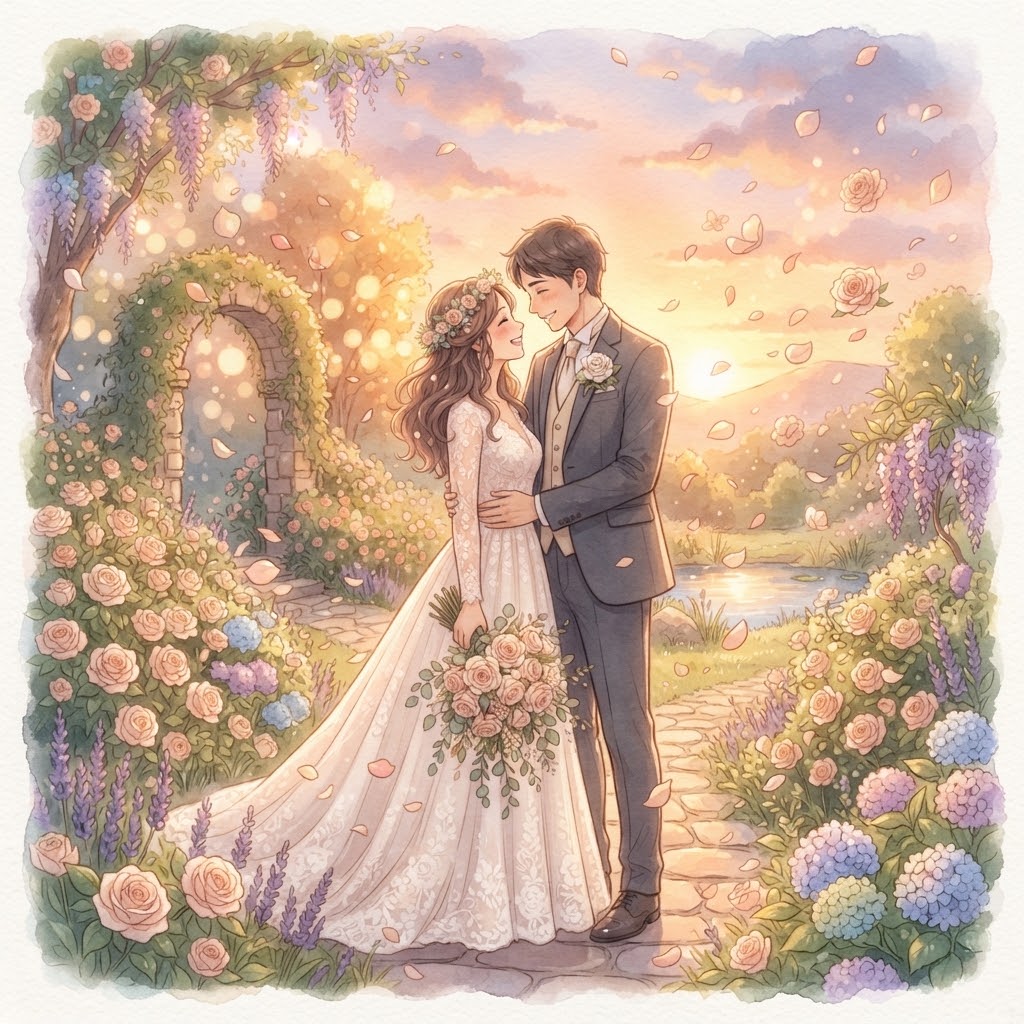Newlywed couple in a dreamy hand-painted garden scene