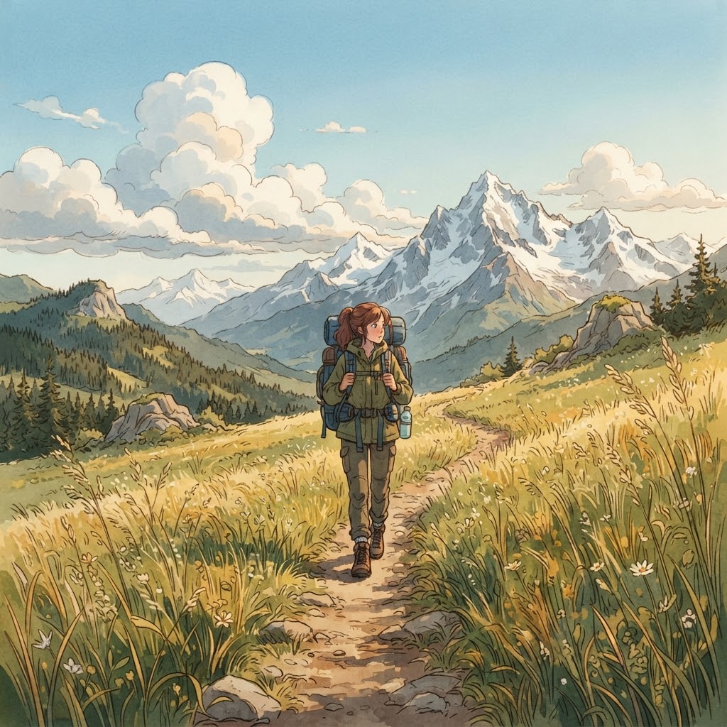 Hiker on a mountain trail in a detailed animated landscape