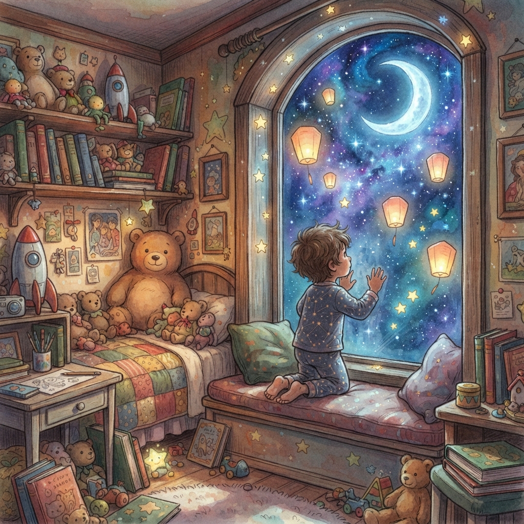 Child in a magical bedroom looking at a starry night sky