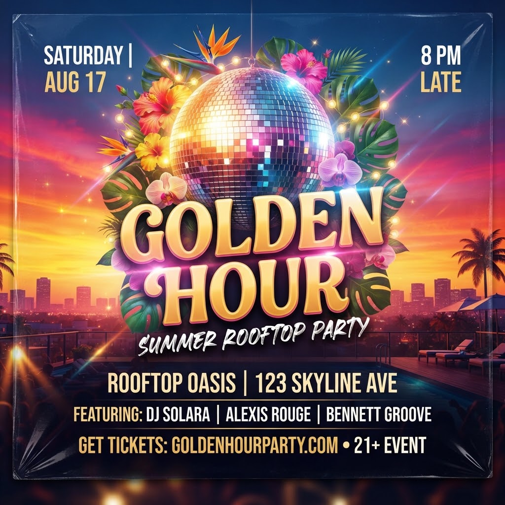 Summer rooftop party flyer with Golden Hour text