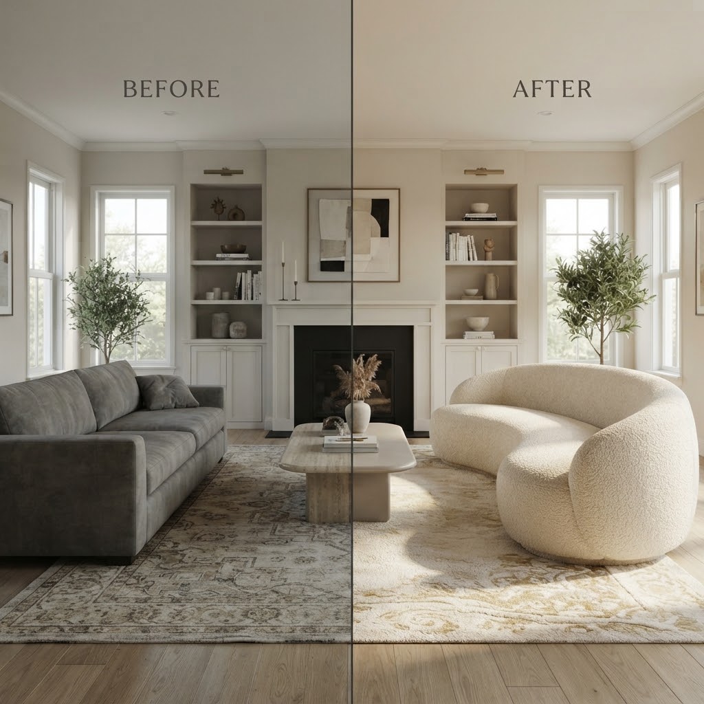Before and after AI sofa replacement in a modern living room