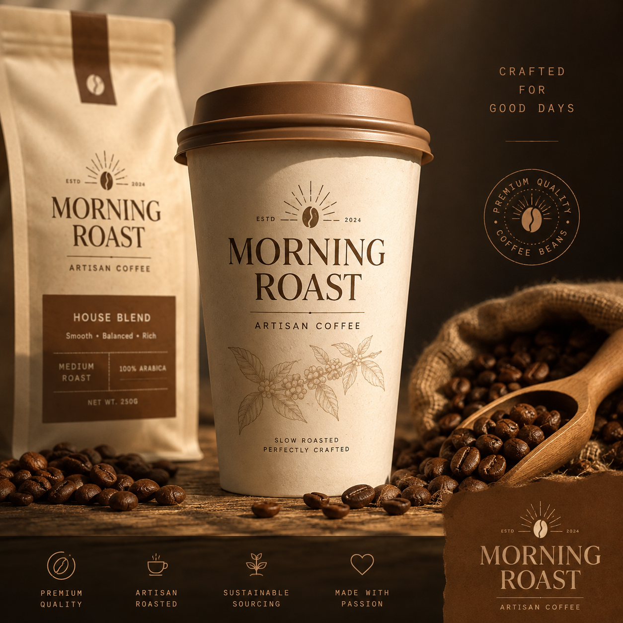 Coffee cup branding mockup with Morning Roast logo