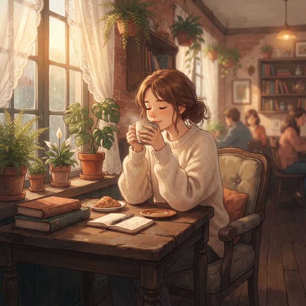 Woman drinking coffee in a warm animated café interior