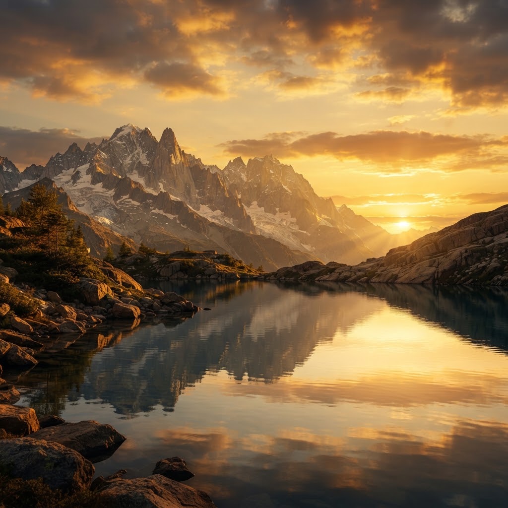 AI sky replacement turning a cloudy landscape into a sunset scene