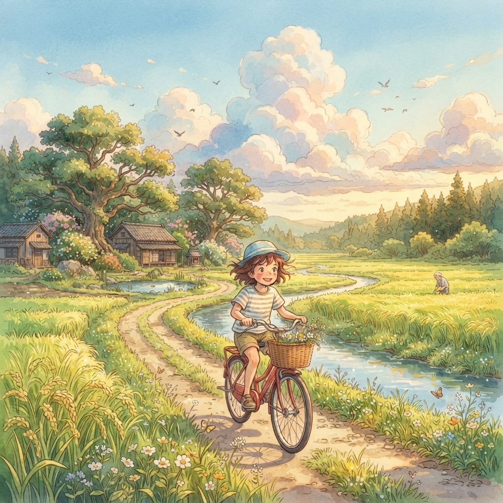 Child riding a bicycle through a nostalgic animated countryside