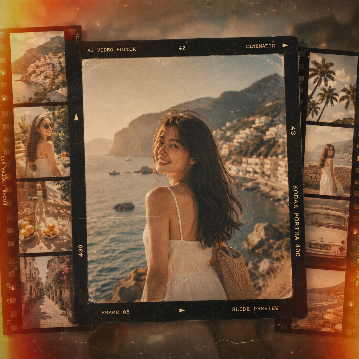AI slideshow with vintage film frames, grain, and light leak effects