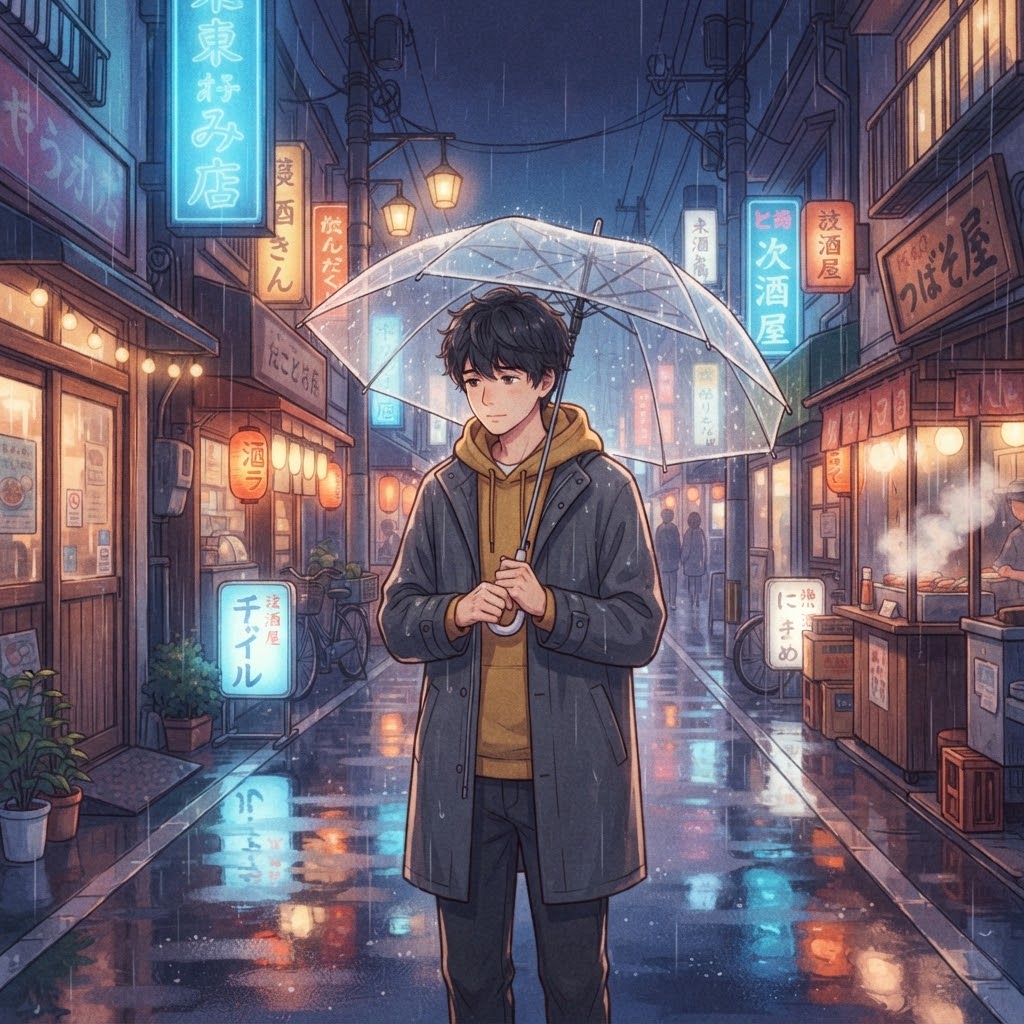 Man with umbrella in a cozy hand-painted rainy city scene