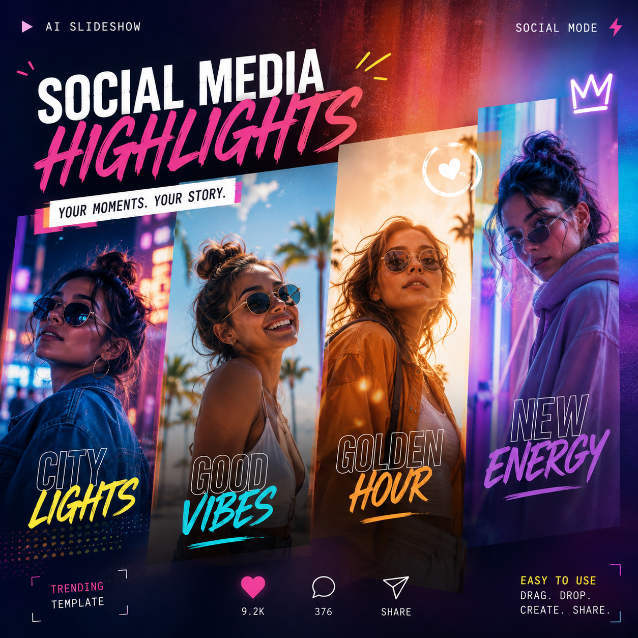 AI social media photo slideshow with vibrant transitions and creator-style visuals