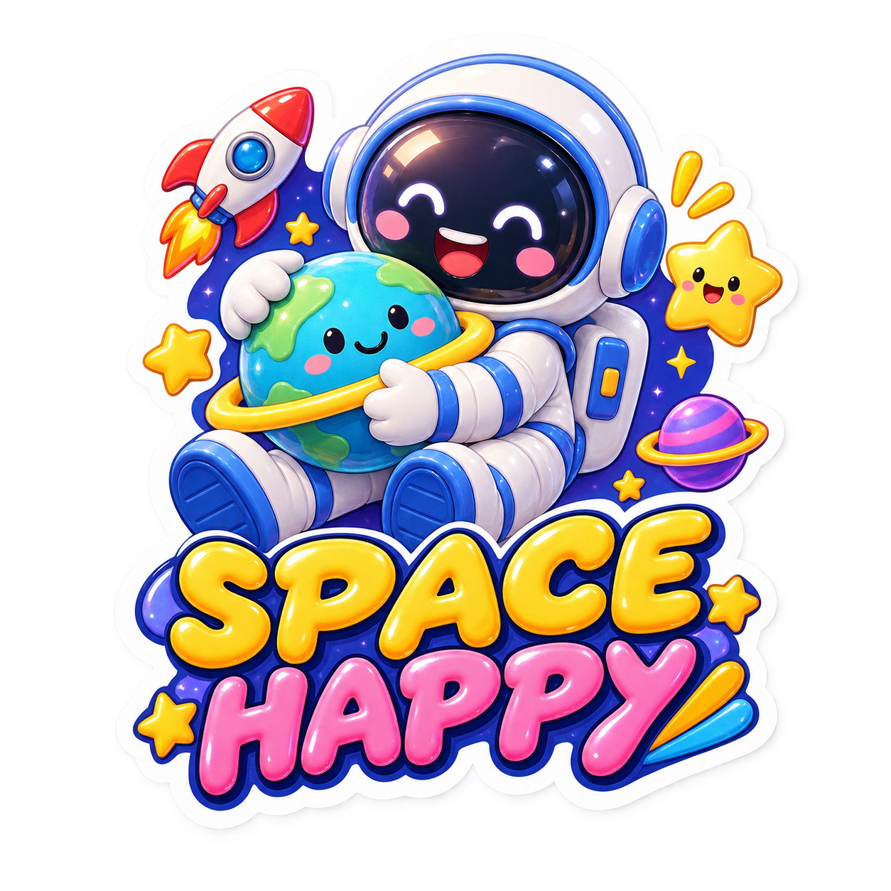 Colorful astronaut sticker with Space Happy text