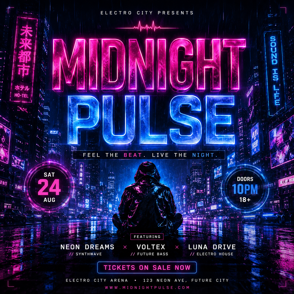 Neon cyberpunk poster with the words Midnight Pulse