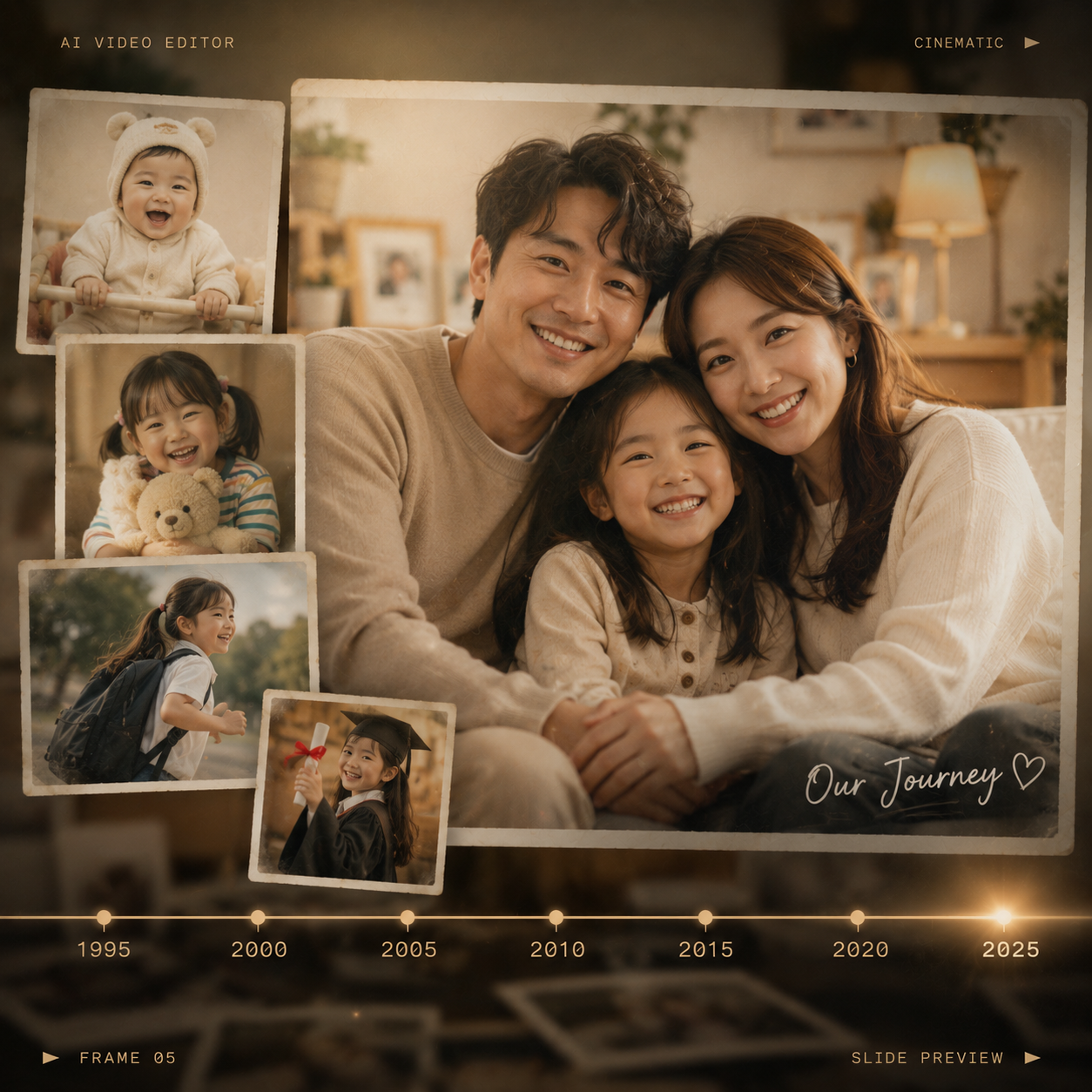 AI family photo slideshow showing memories across different life stages