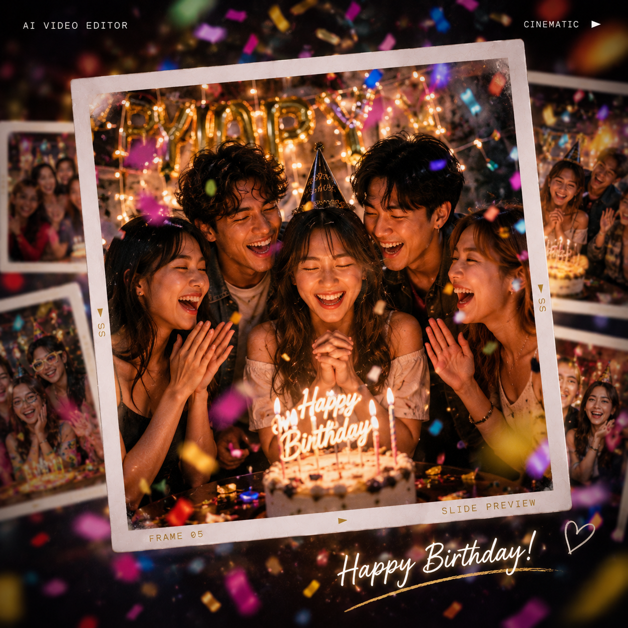 AI birthday slideshow with animated photo cards and colorful confetti