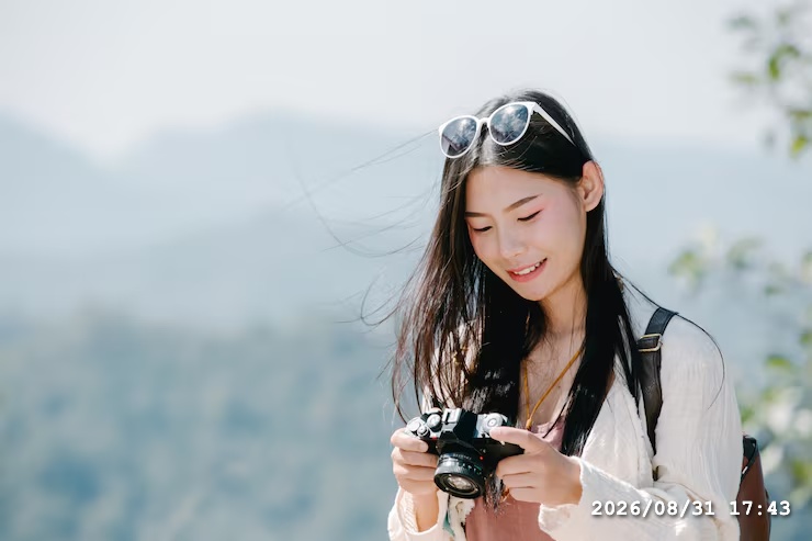 Tourist holding a camera with a visible date stamp