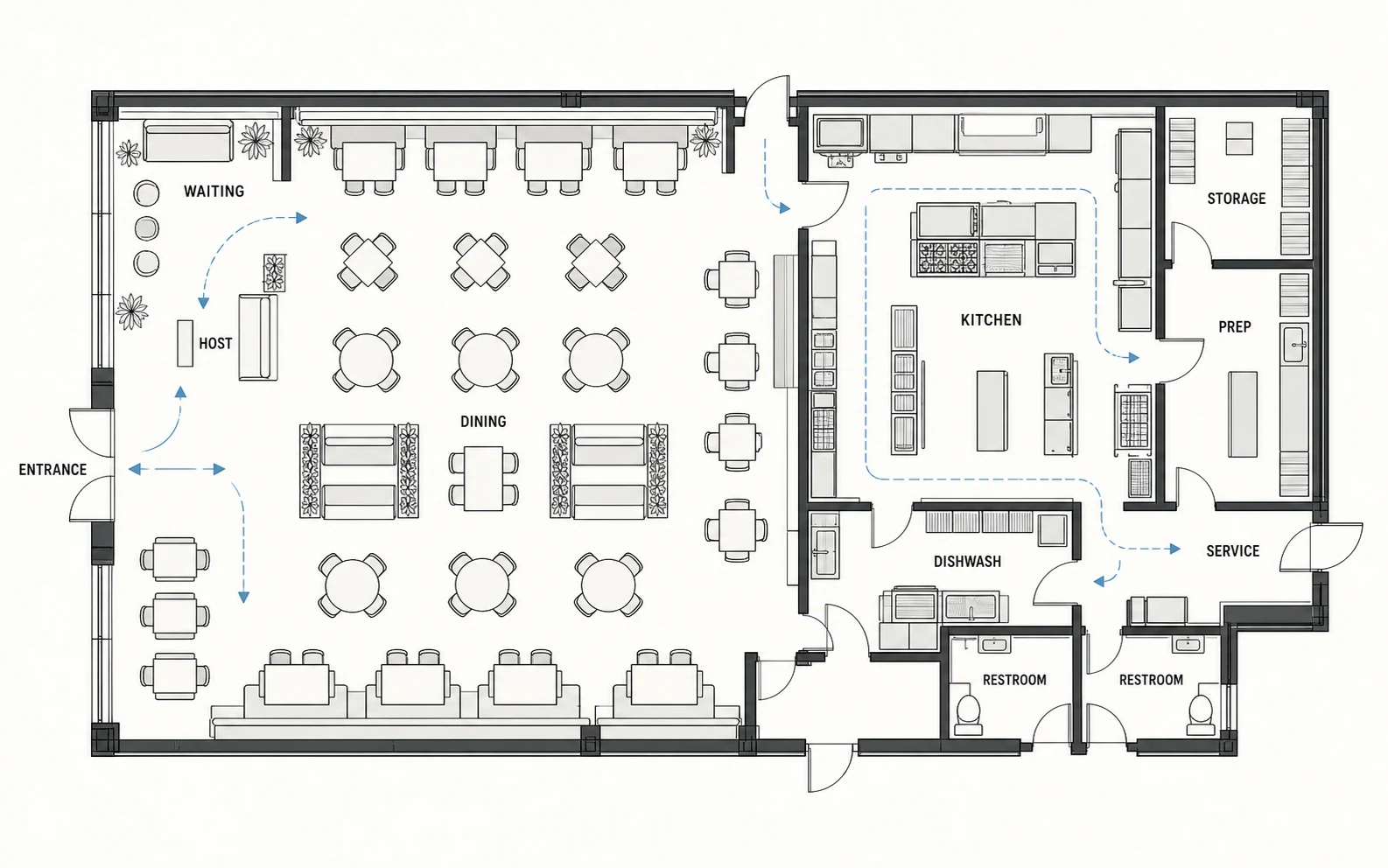AI-generated full-service restaurant floor plan showing a commercial kitchen, host stand, waiting area, and service circulation.