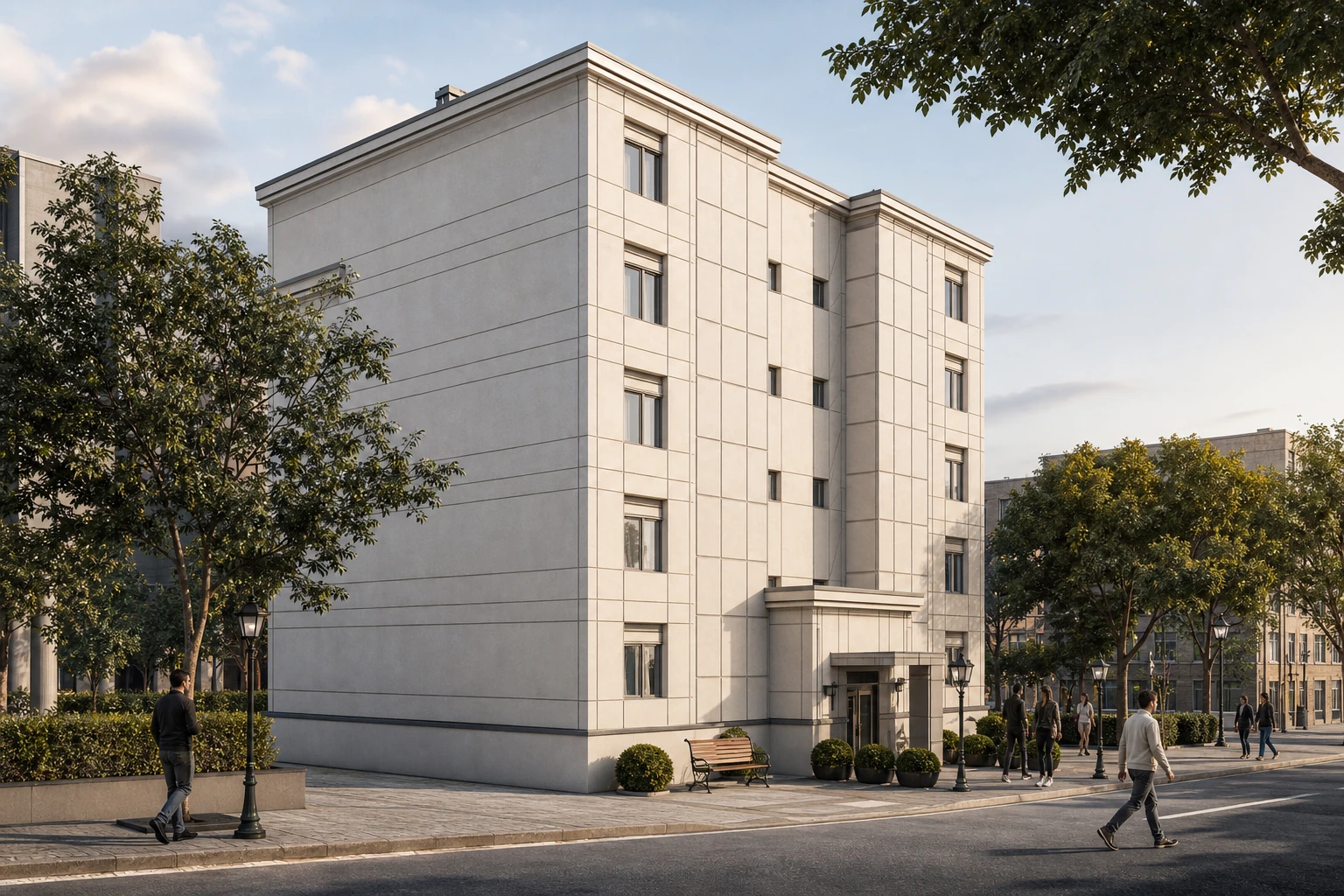 Bâtiment commercial avec entrée exposée.