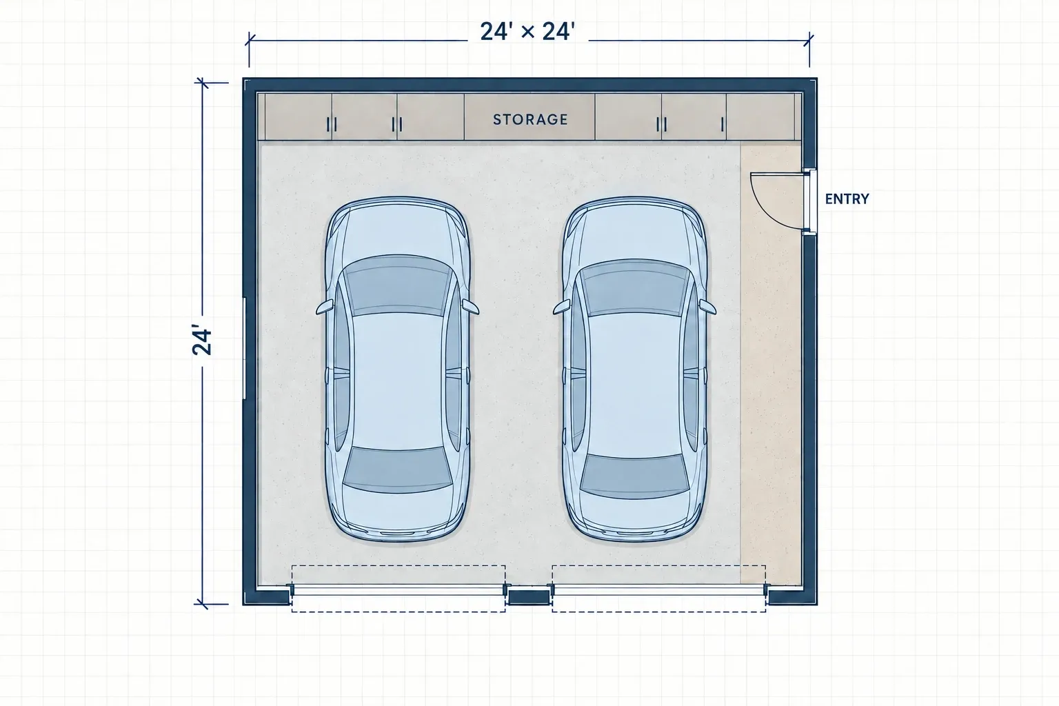 Two-car garage layout with rear storage and a side entry