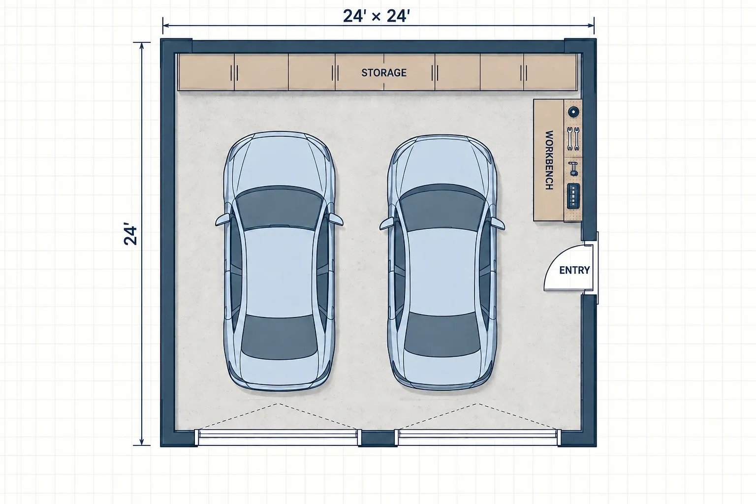 Top-down two-car garage floor plan with storage, workbench, doors, and dimensions
