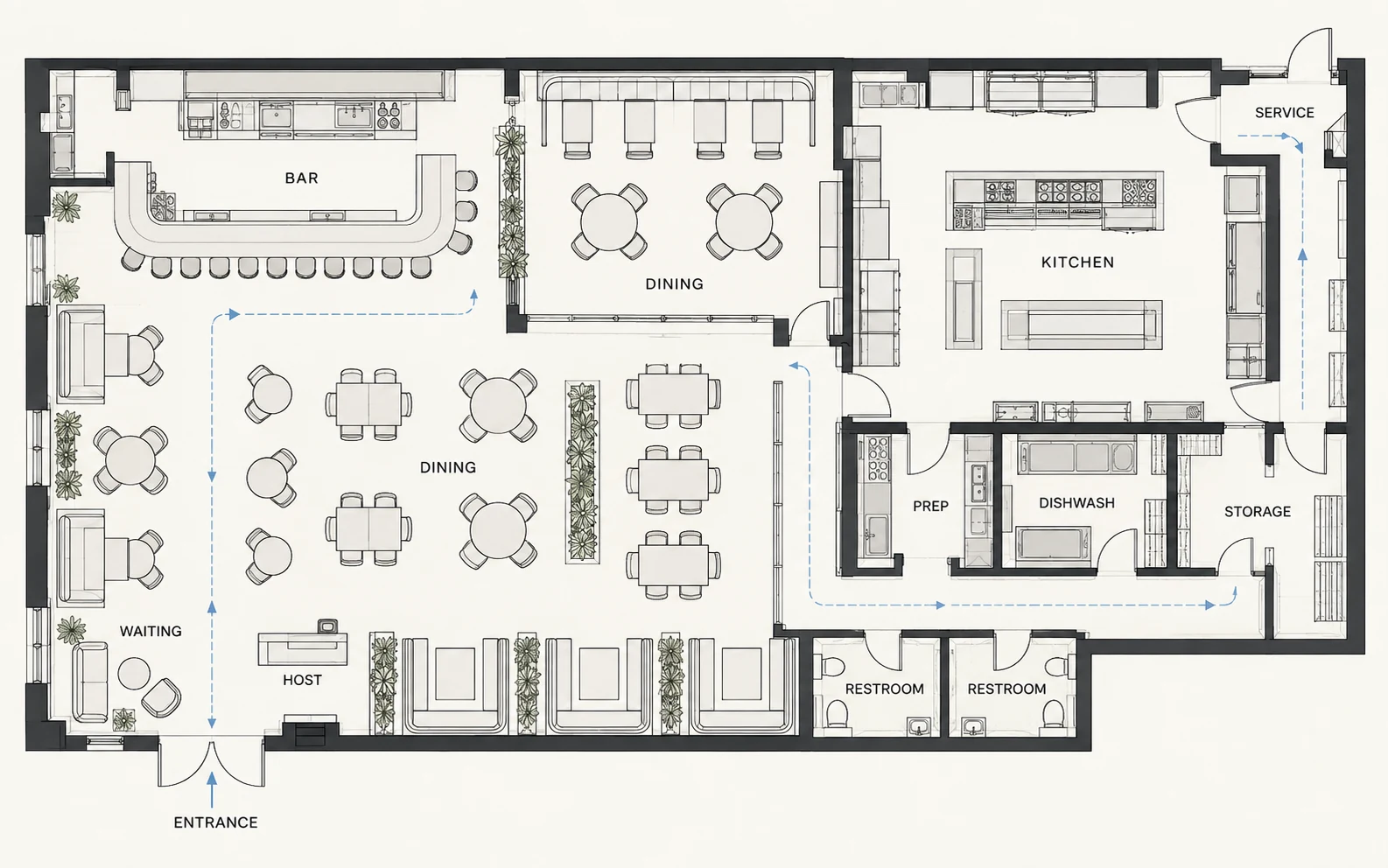 AI-generated restaurant floor plan showing a bar, waiting area, commercial kitchen, and dining zones.