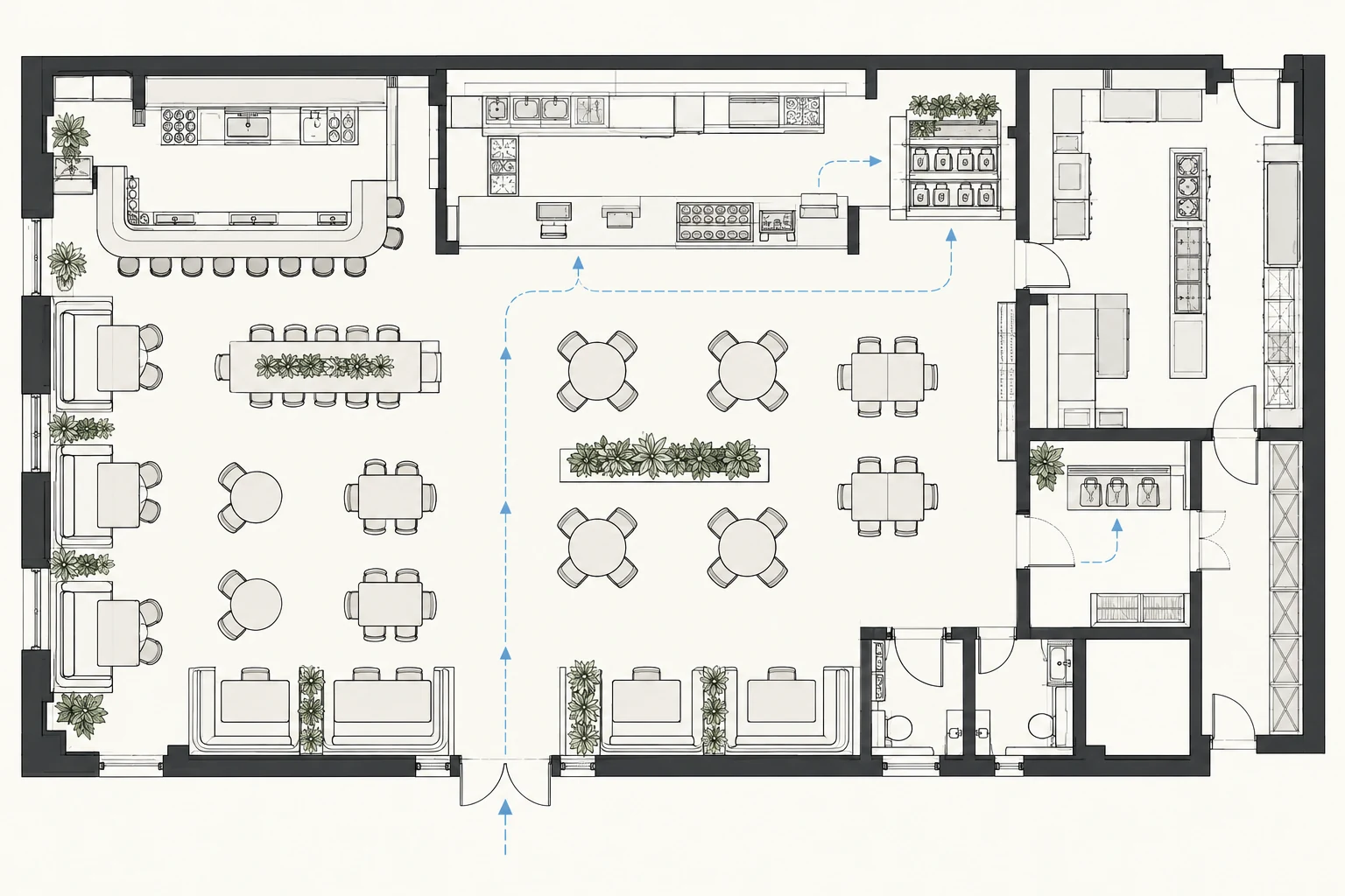 Restaurant concept with a bar at upper left, dining tables in the center, kitchen and service areas above and to the right, a bottom entrance, and restrooms at lower right.
