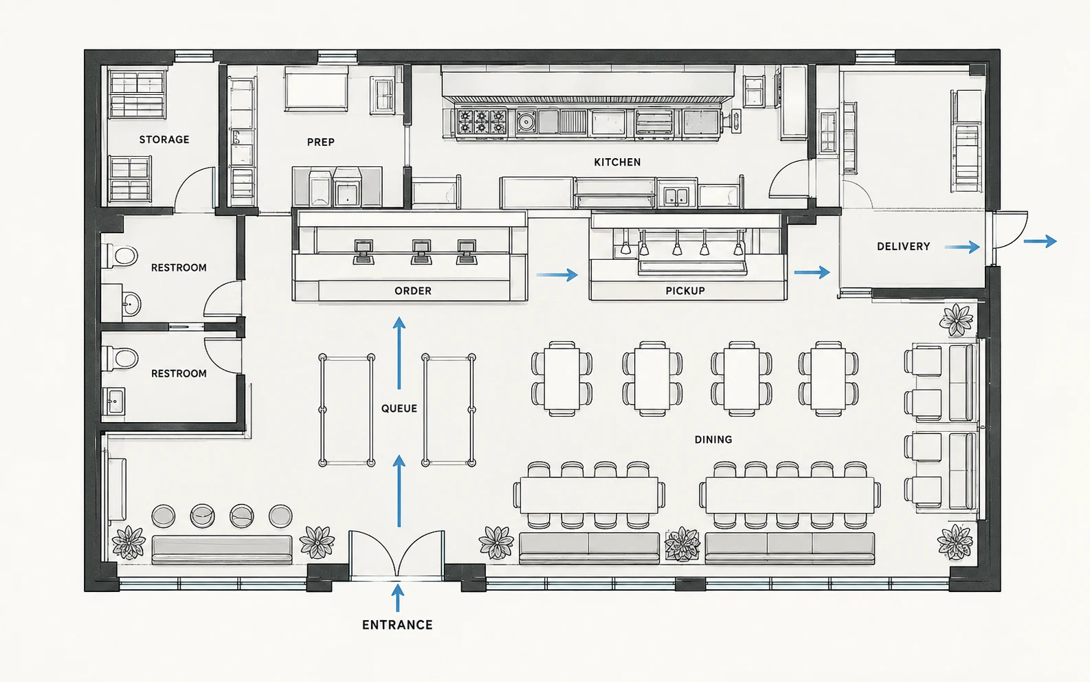 AI-generated quick-service restaurant floor plan showing a compact kitchen line, ordering counter, and delivery pickup area.