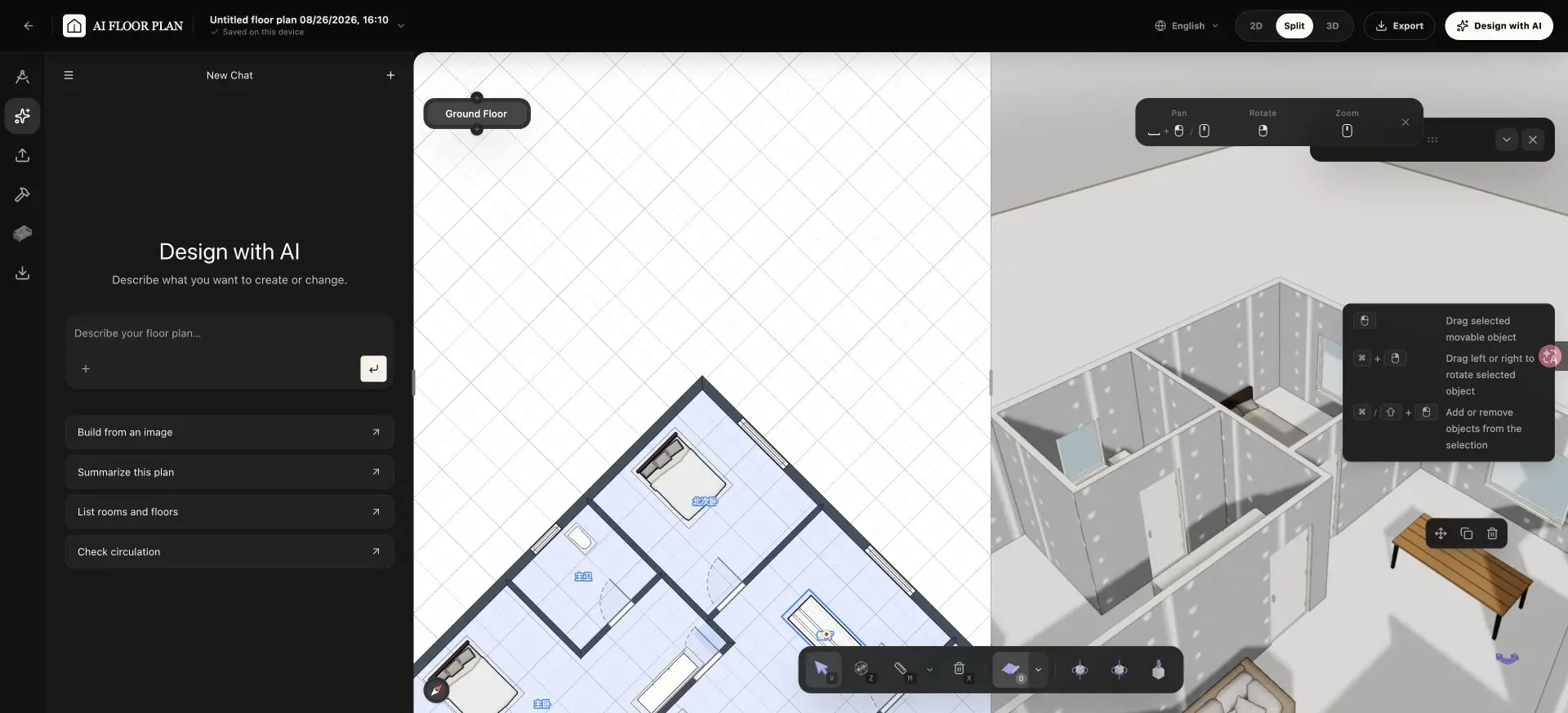 英文编辑器分屏视图，在 2D 和 3D 中展示同一平面图