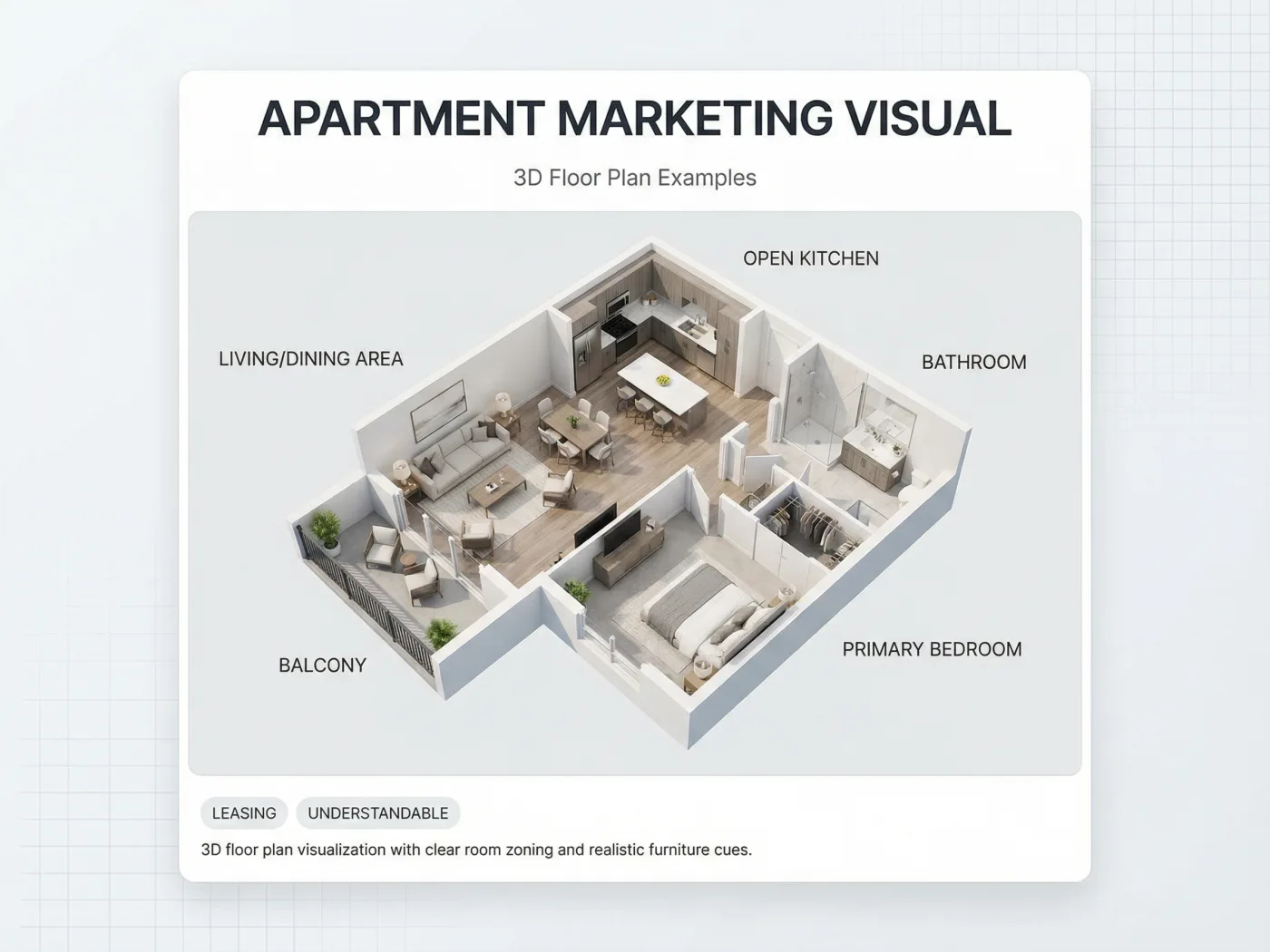 Apartment marketing visual showing a 3D floor plan example with clear room zoning