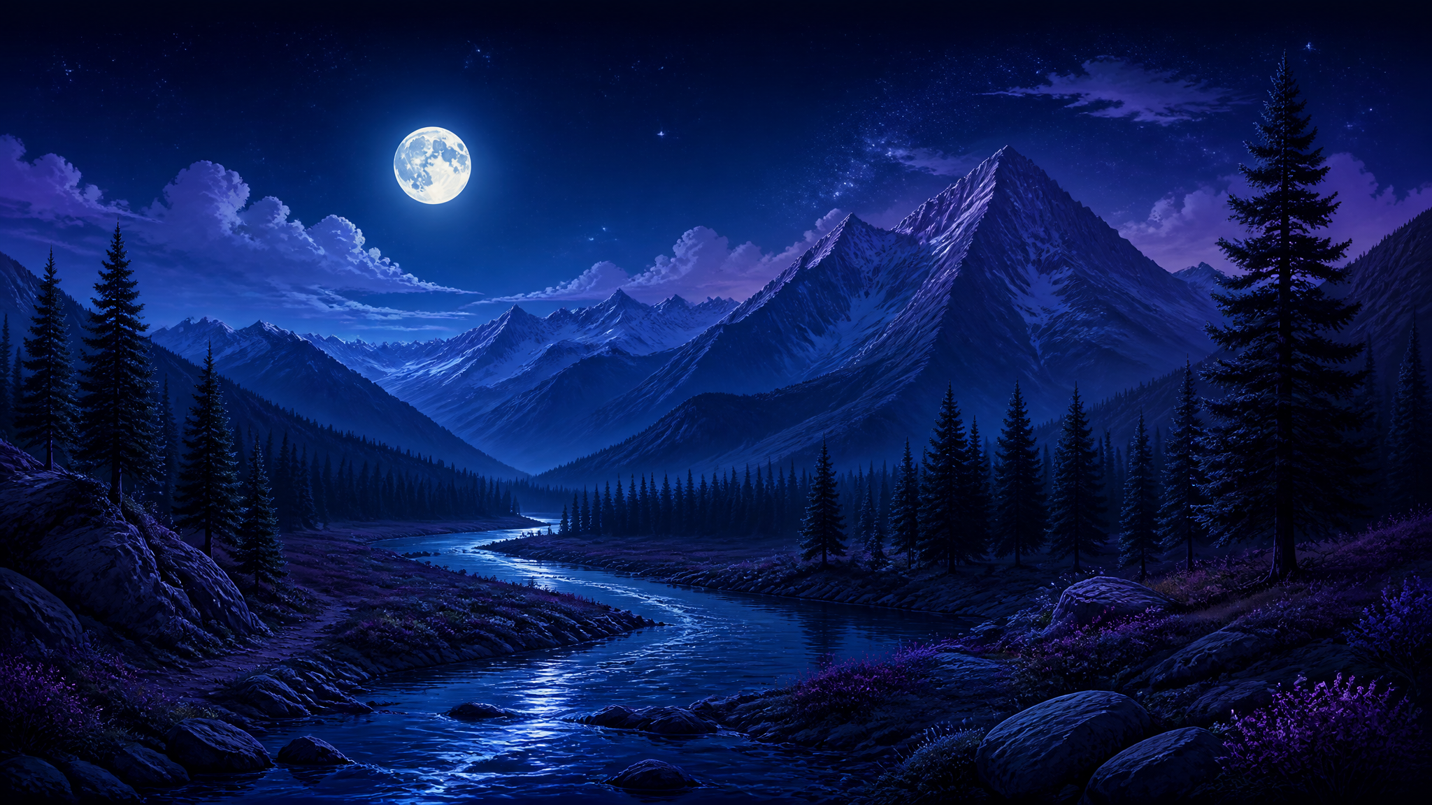 AI 2D Art Generator 月光山谷河流风景插画效果图