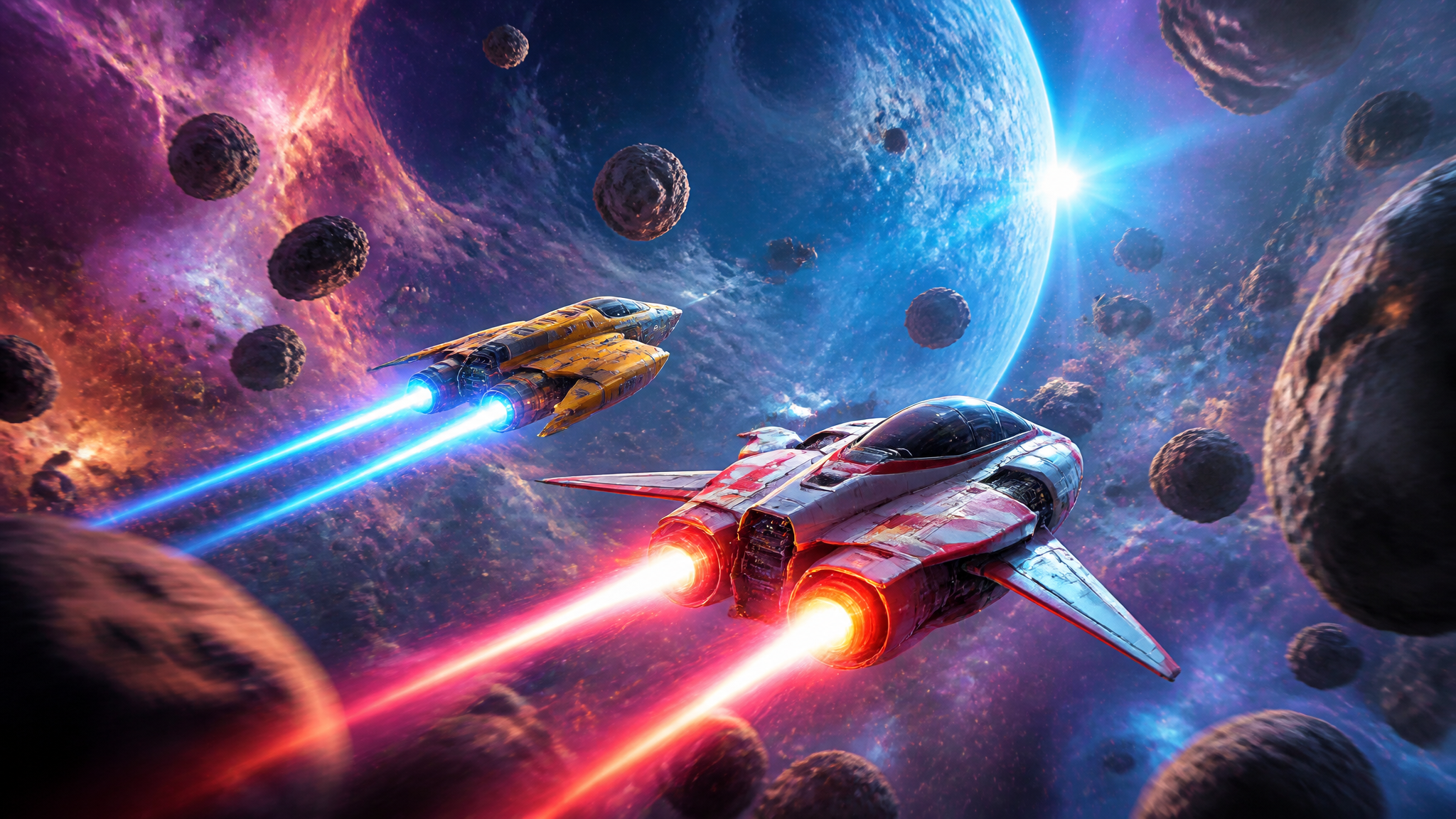 Two small original spacecraft racing through a colorful asteroid field with bright engine trails, a large blue planet in the background, dynamic cinematic science fiction illustration.