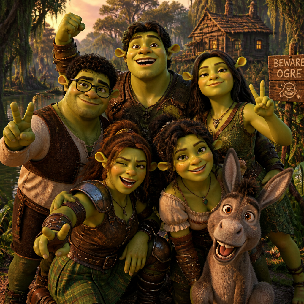 AI Shrek Generator 将多人合照变成绿色食人魔冒险团队效果图