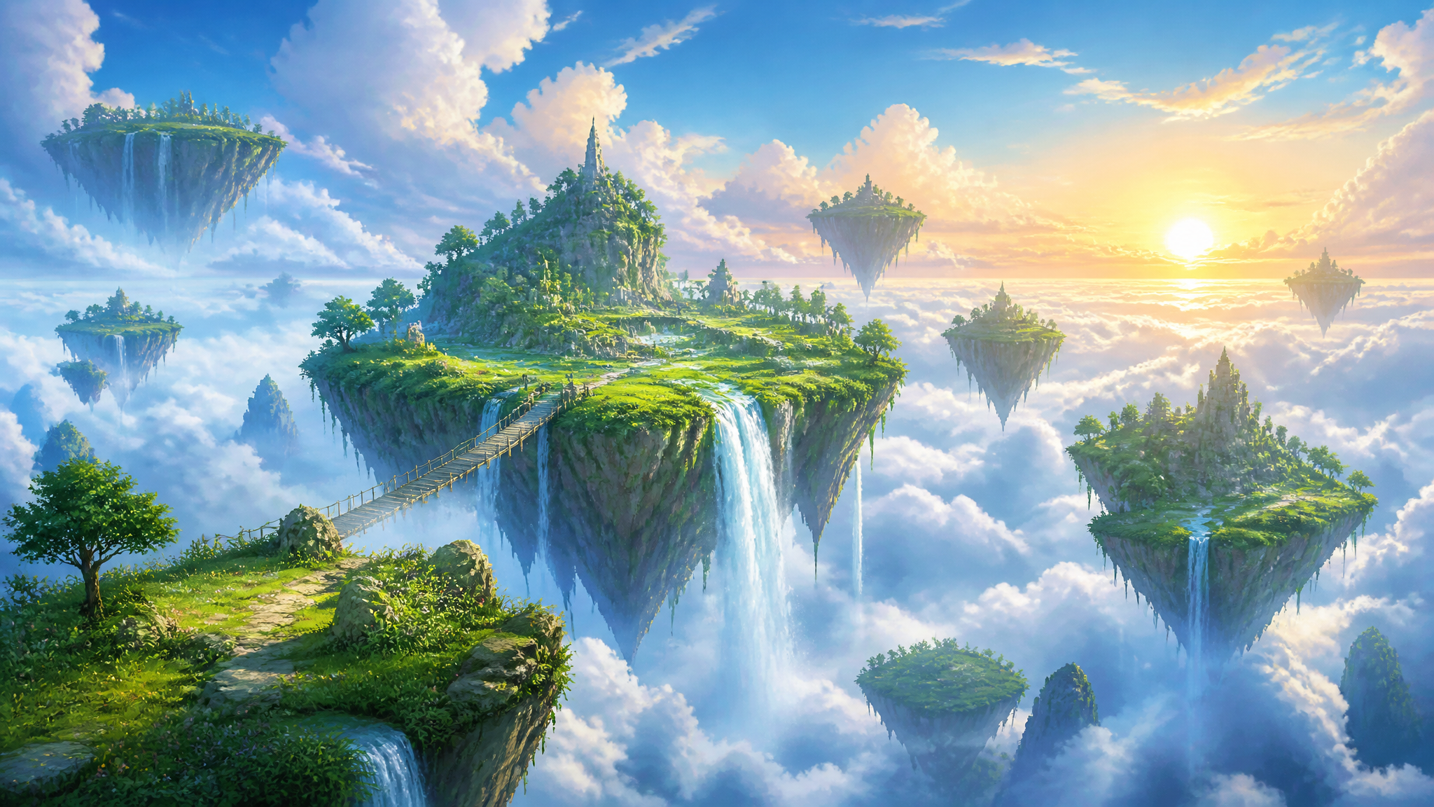 AI 2D Art Generator 空中浮岛与瀑布幻想风景效果图